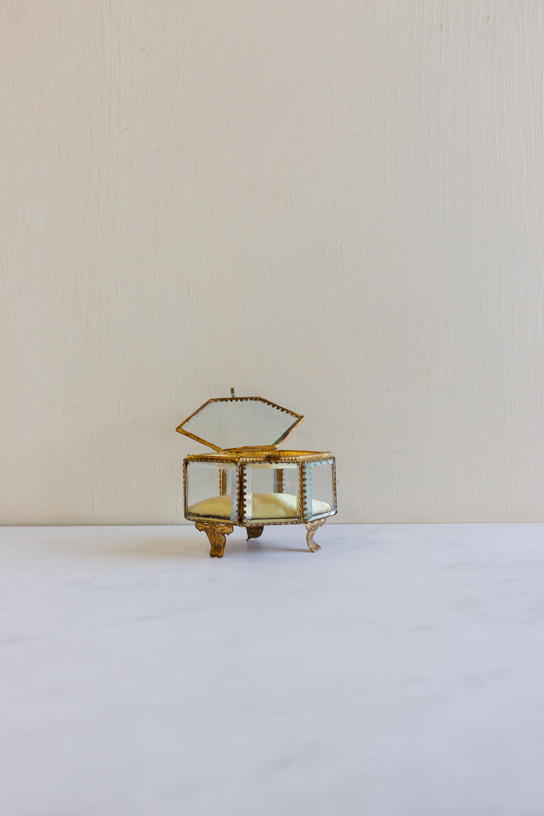 antique french hexagonal beveled glass and ormolu bijoux casket