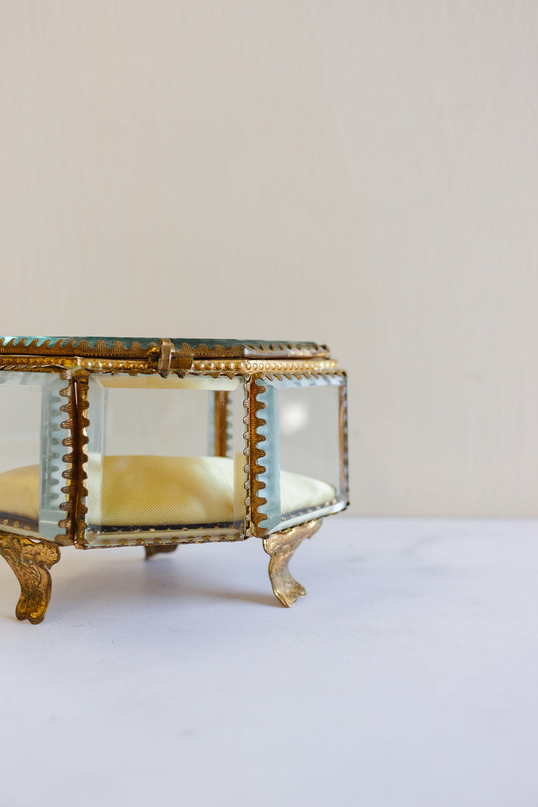 antique french hexagonal beveled glass and ormolu bijoux casket