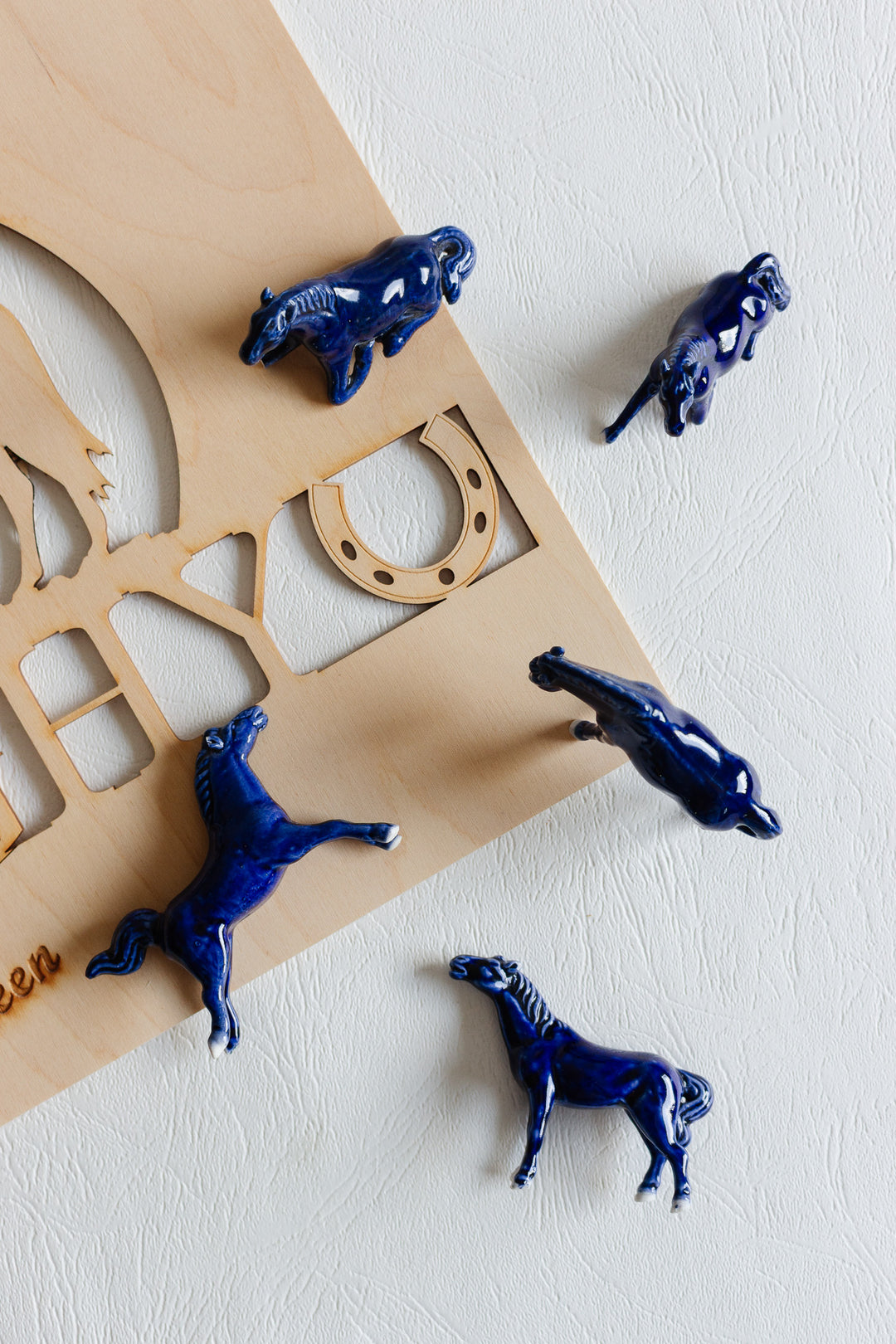 set of 5 vintage french cobalt blue porcelain horses