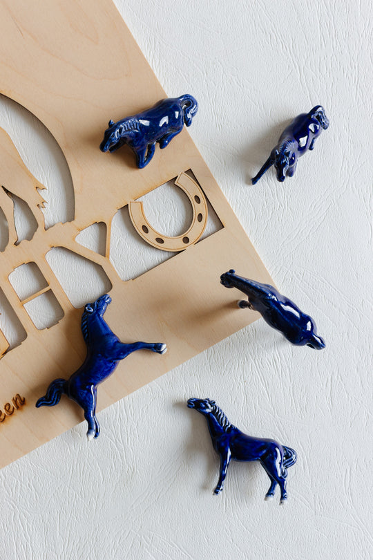 set of 5 vintage french cobalt blue porcelain horses