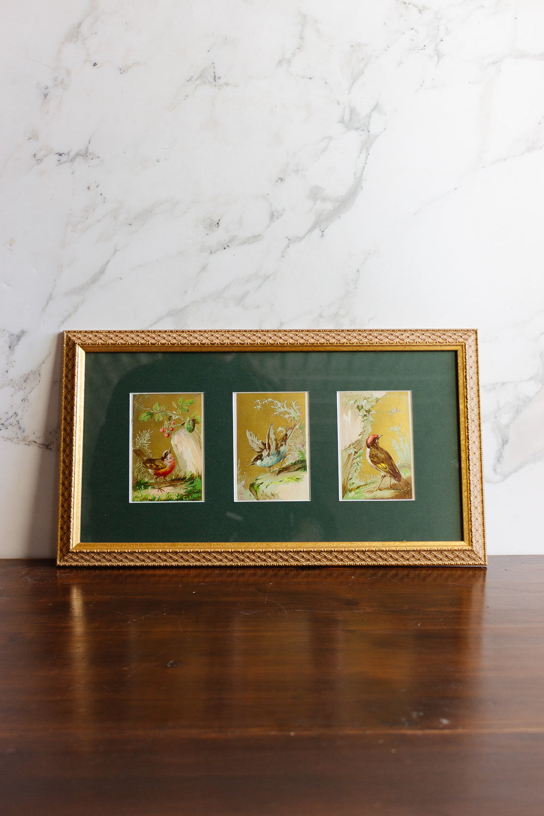 antique french "trio de oiseaux" framed chromolithographs