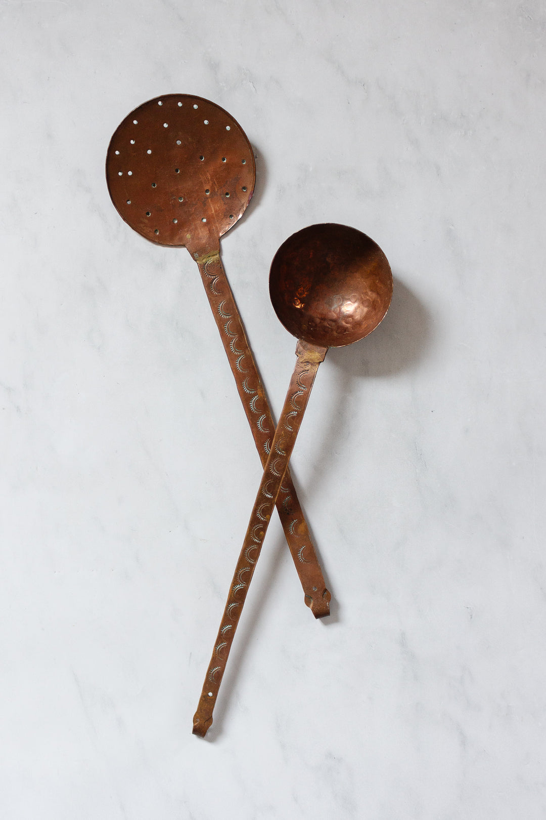 pair of antique French extra large hand forged copper utensils