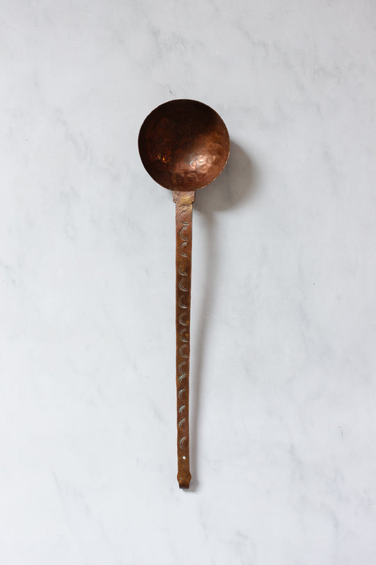 pair of antique French extra large hand forged copper utensils