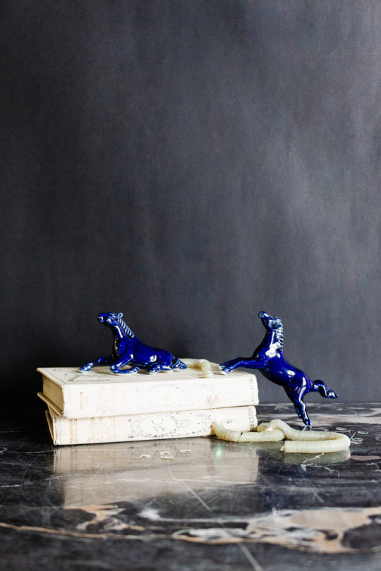 vintage french cobalt blue porcelain horses, set of 2