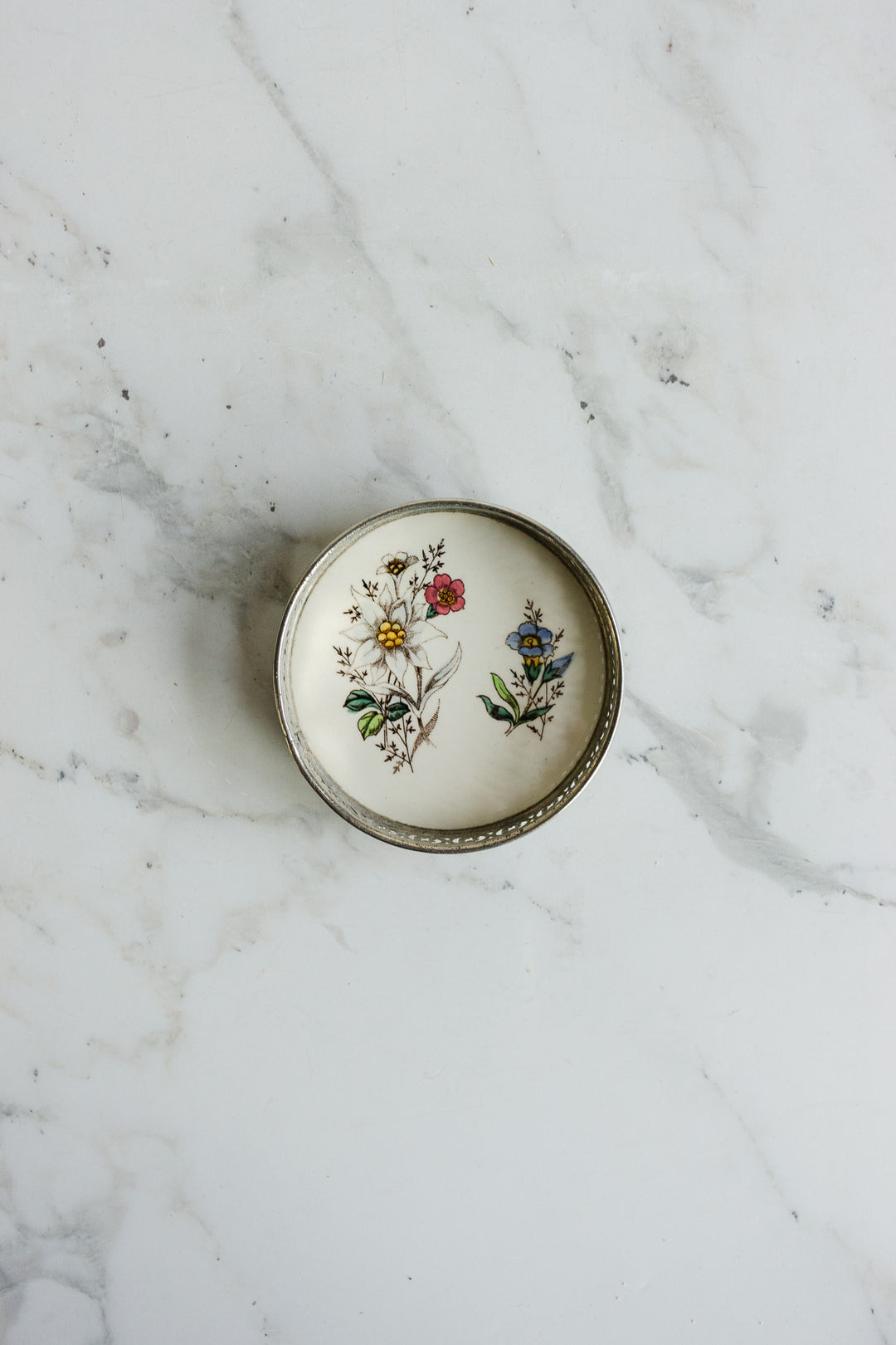 rare antique french polychrome porcelain "sous bouteille" with reticulated metal surround