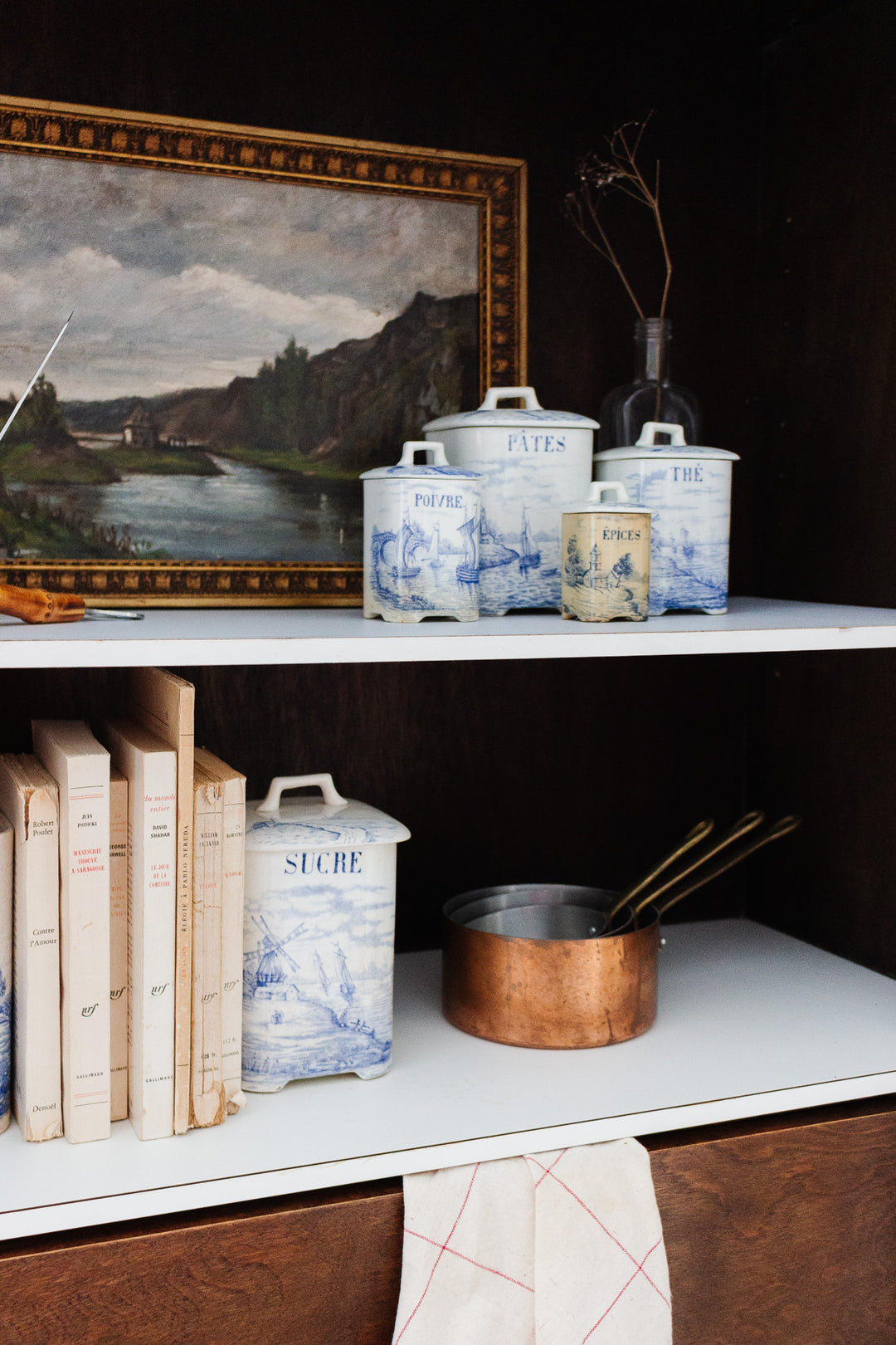 rare 19th century French Onnaing ironstone canisters, “Delft” pattern
