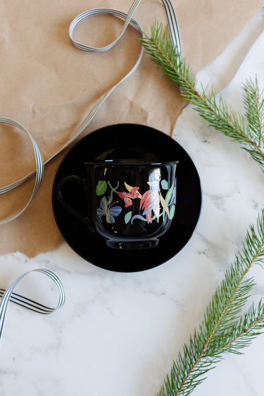 vintage french arcoroc black milk glass "oiseaux tropical" teacups and saucers, set of 4