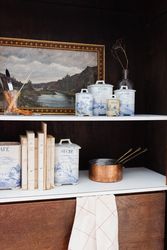 rare 19th century French Onnaing ironstone canisters, “Delft” pattern