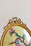 rare pair of turn of the century French Louis XVI brass frames with 1920s petit point "oiseaux chinoiserie"