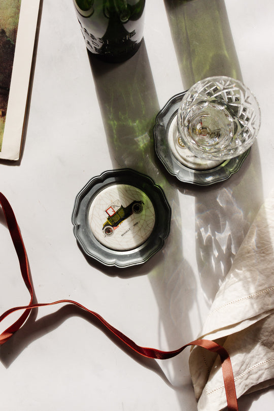 vintage german pewter and ceramic "sous bouteille" pair