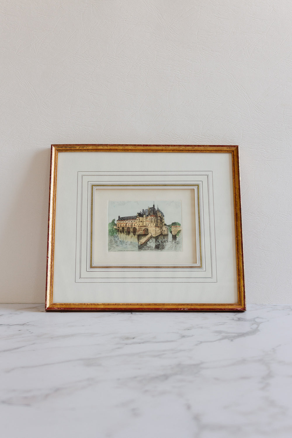 antique french vintage château coloured engraving