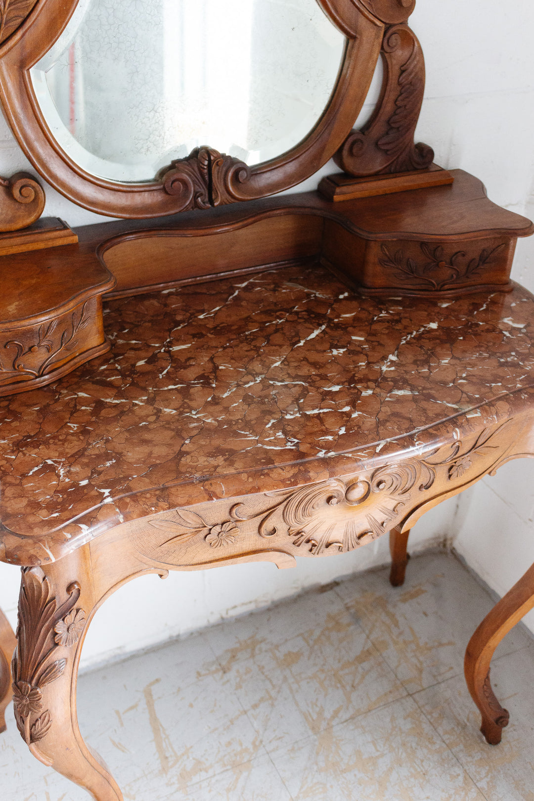 19th century French Louis XV carved walnut vanity