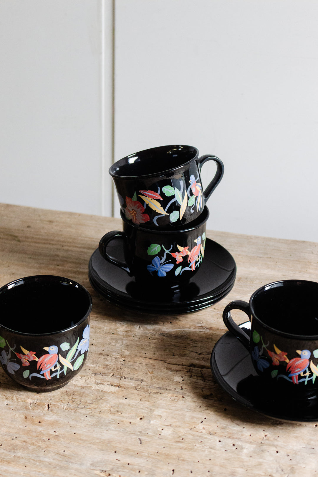 vintage french arcoroc black milk glass "oiseaux tropical" teacups and saucers, set of 4