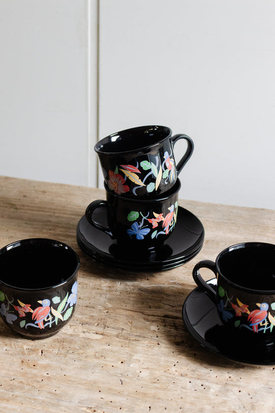 vintage french arcoroc black milk glass "oiseaux tropical" teacups and saucers, set of 4