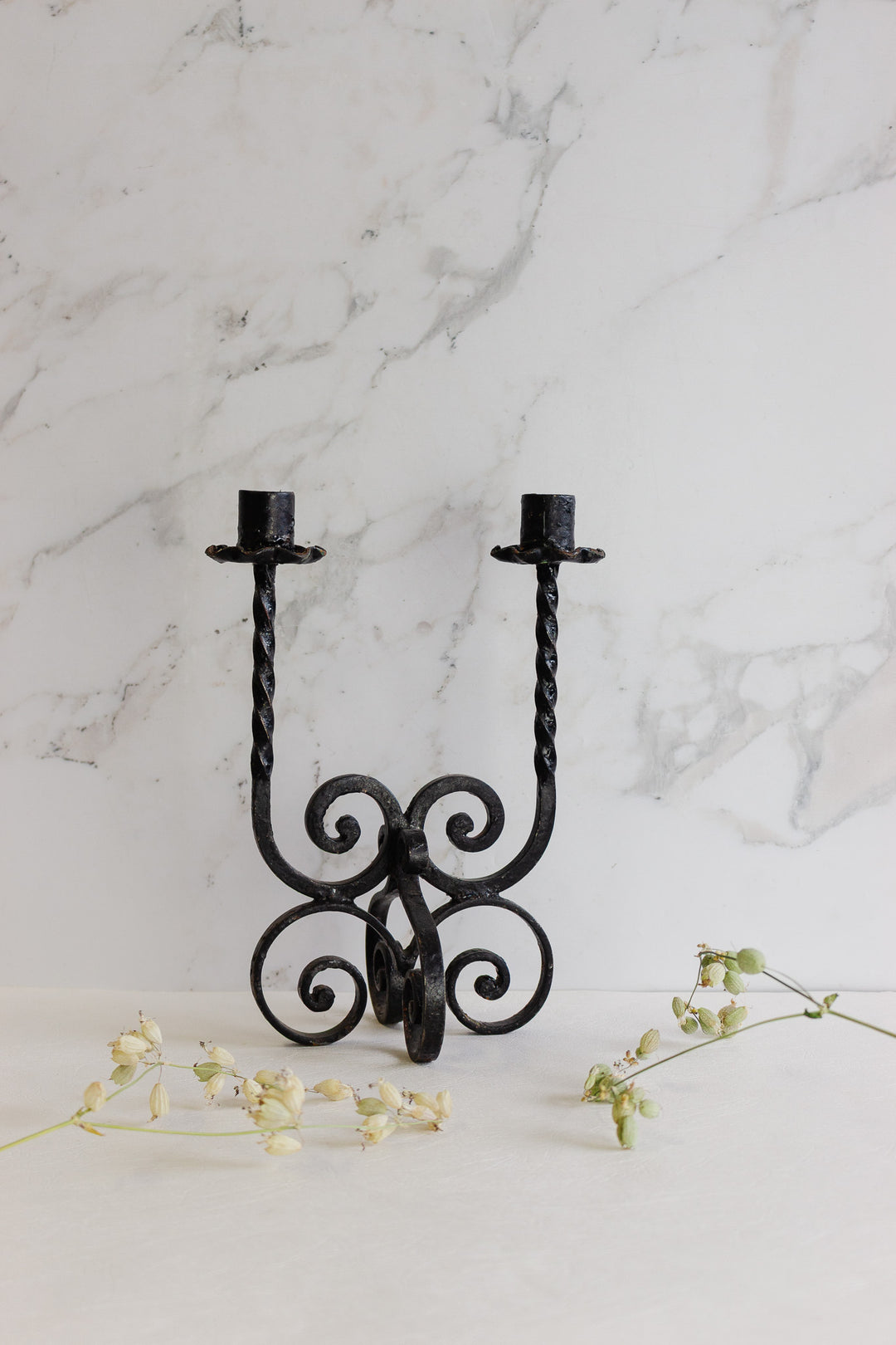 midcentury French brutalist wrought iron candlesticks