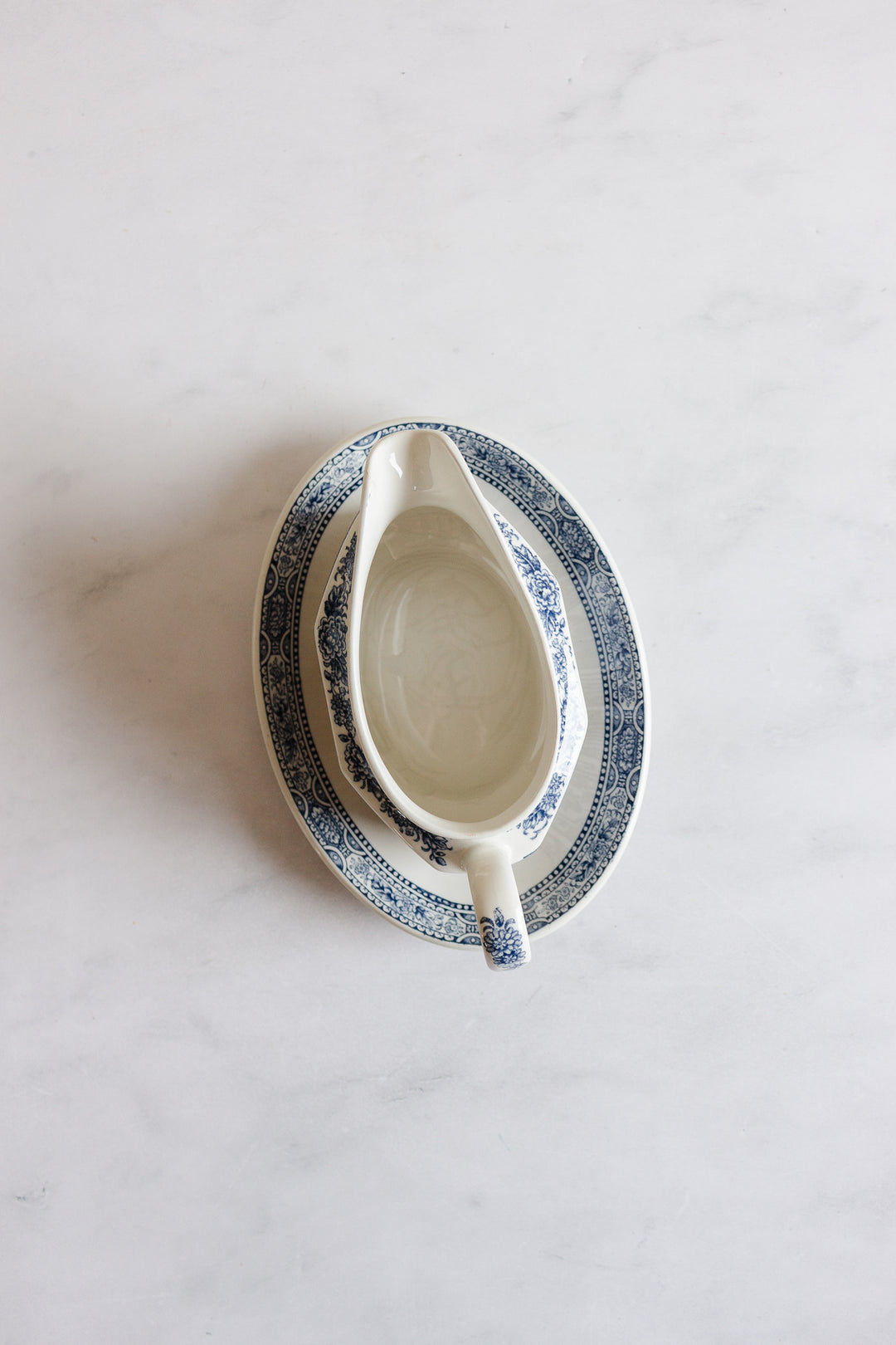 vintage English Ridgeway ironstone transfer ware blue and white gravy boat