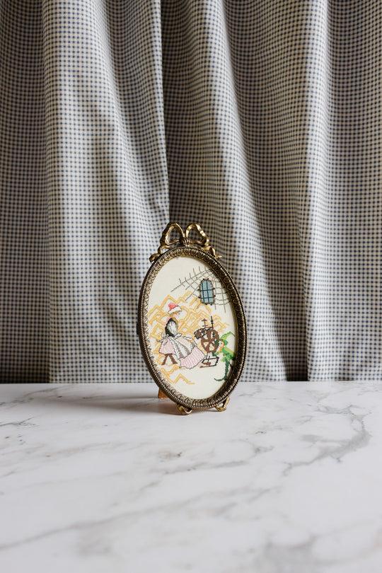 vintage italian brass picture frame with petit point artwork