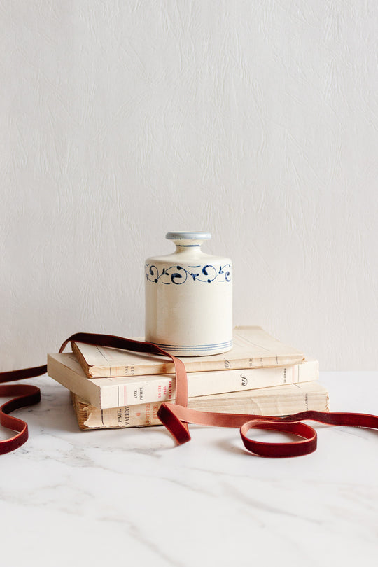 antique french stoneware blue and white vessel