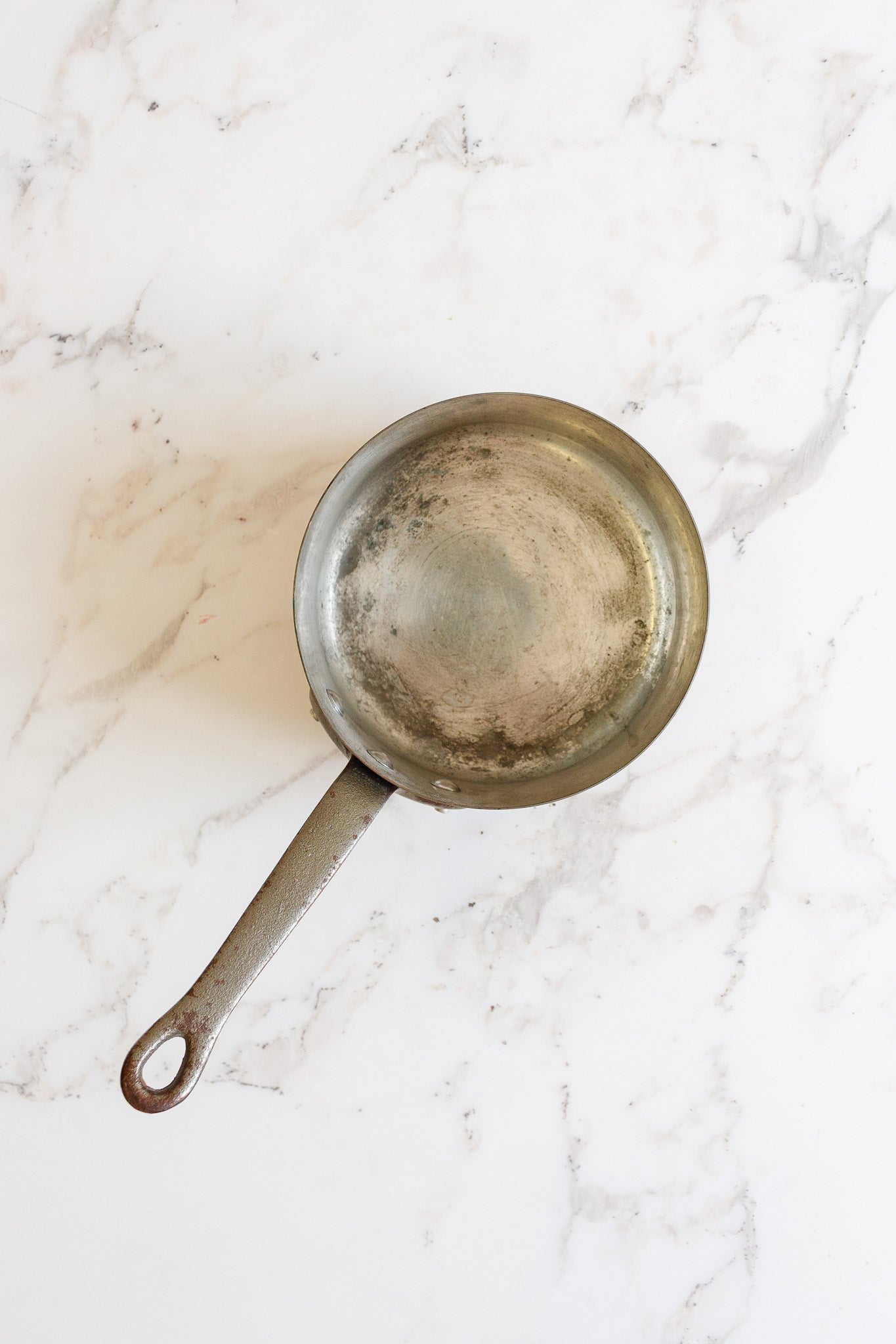 set of five vintage French graduated copper saucepans, stamped