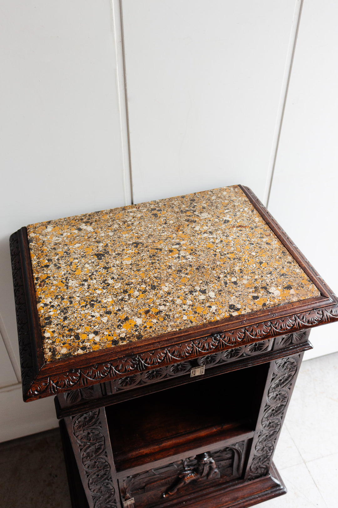 turn of the century french Breton oak nightstand with granite top