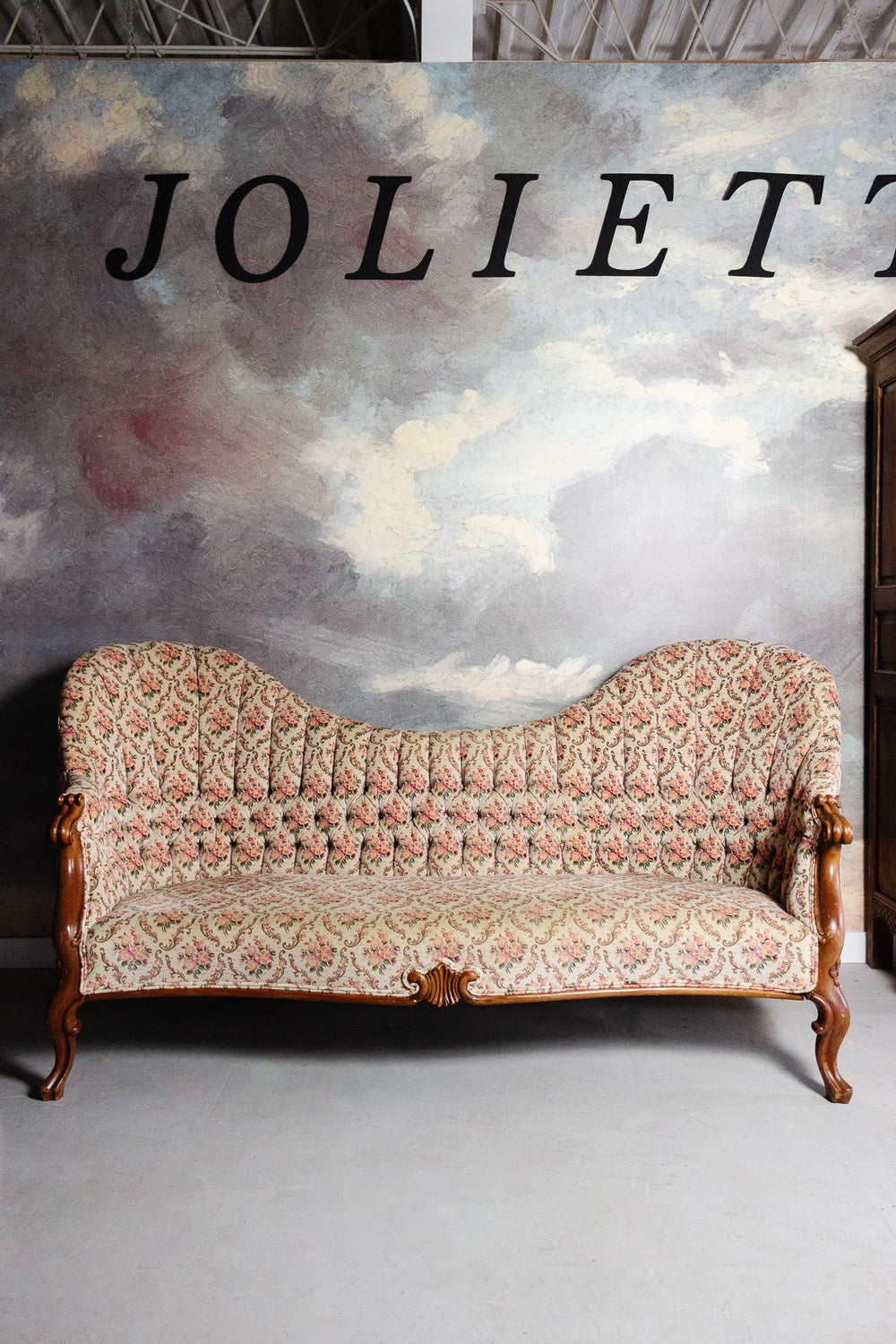 antique english double spoon button back settee