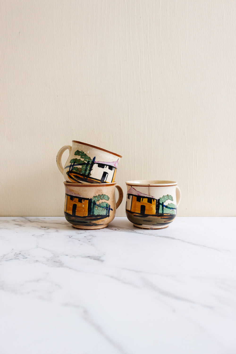 rare 19th century French Jules Vieillard pottery hand painted village cup set