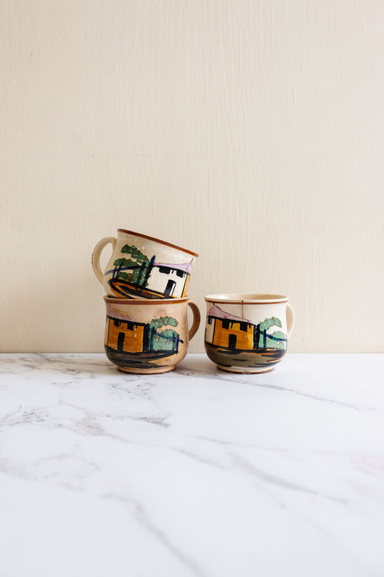 rare 19th century French Jules Vieillard pottery hand painted village cup set