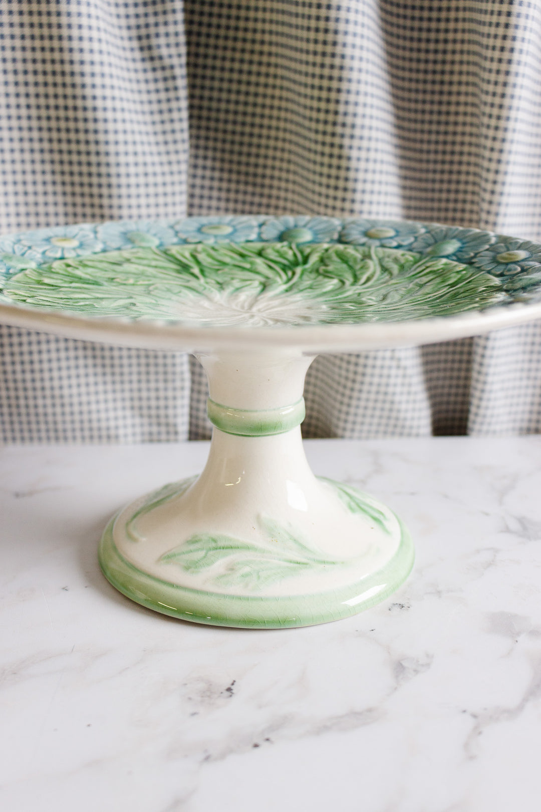 antique french sarreguemines majolica cake stand
