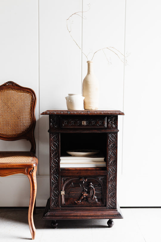 turn of the century french Breton oak nightstand with granite top