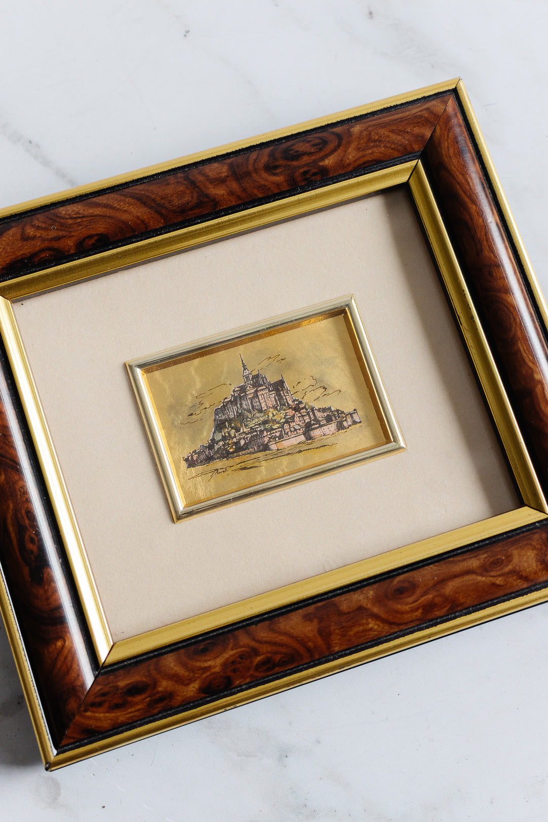 vintage italian 23k gold chromolithograph of mont st. michel