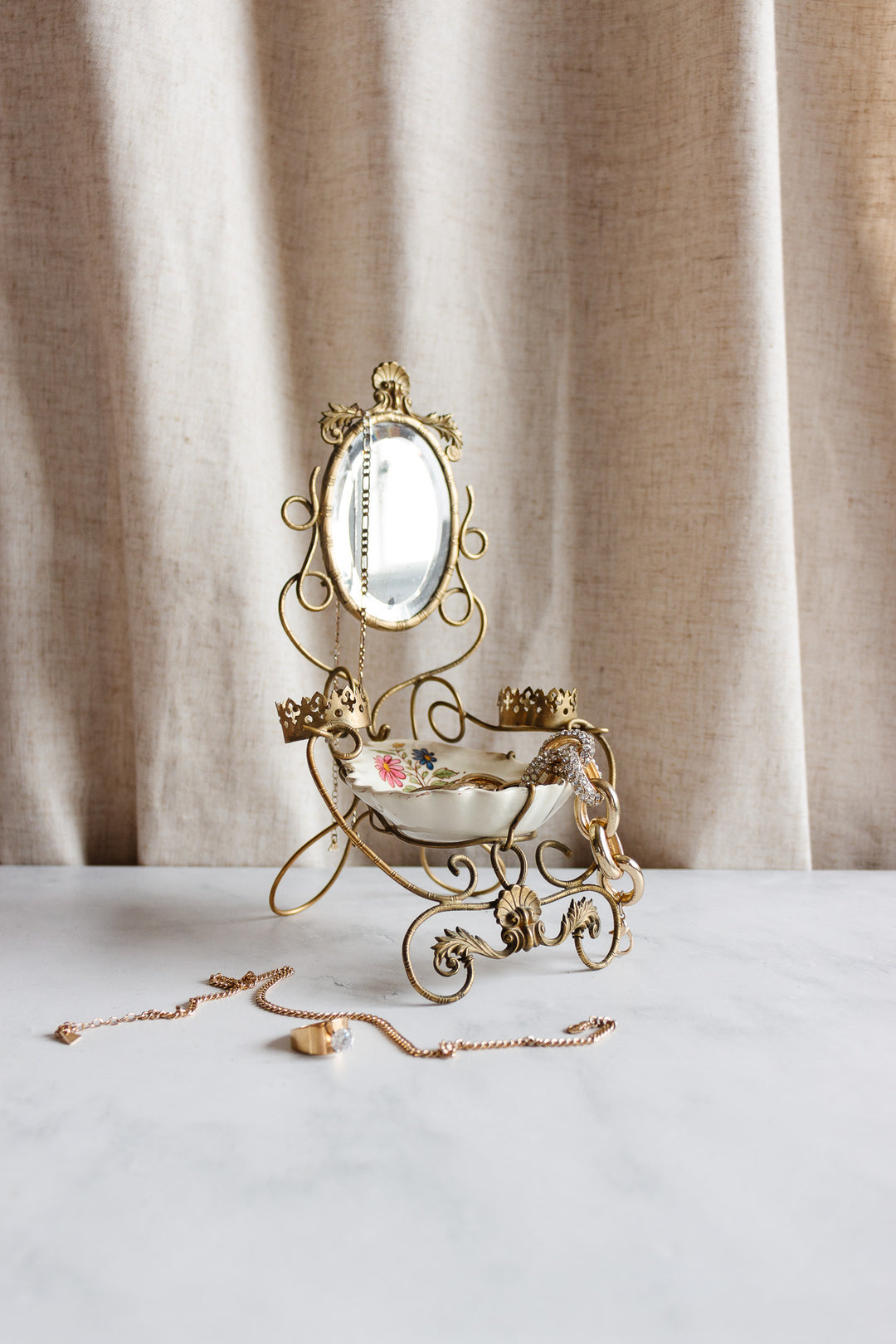 turn of the century French brass and Luneville ironstone trousseau ring dish