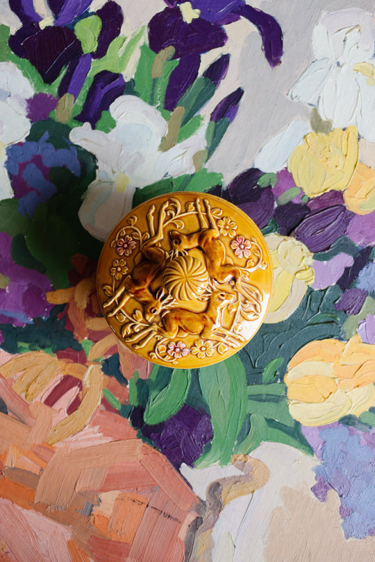 turn of the century french majolica lidded dish "les cerfs"
