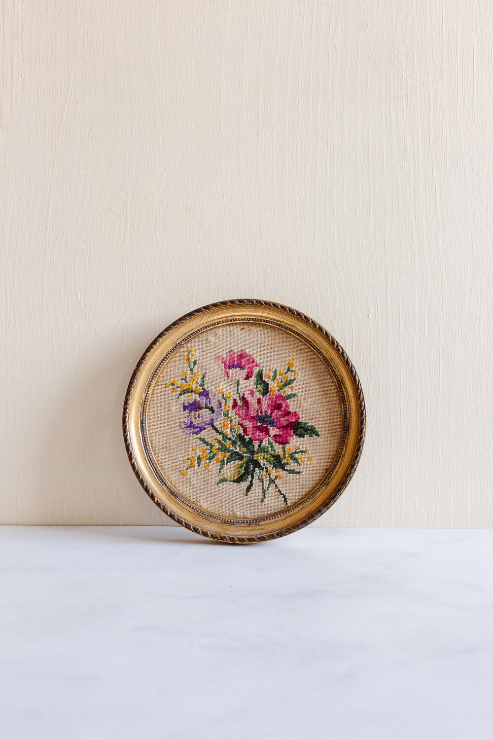 pair of antique French framed floral needlepoints