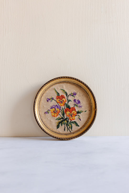 pair of antique French framed floral needlepoints