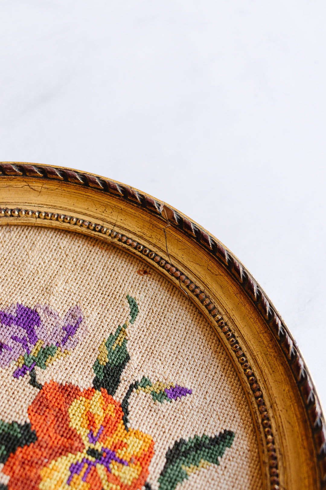 pair of antique French framed floral needlepoints