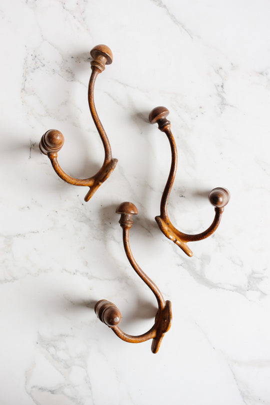 antique french farmhouse metal and turned wood hat hook