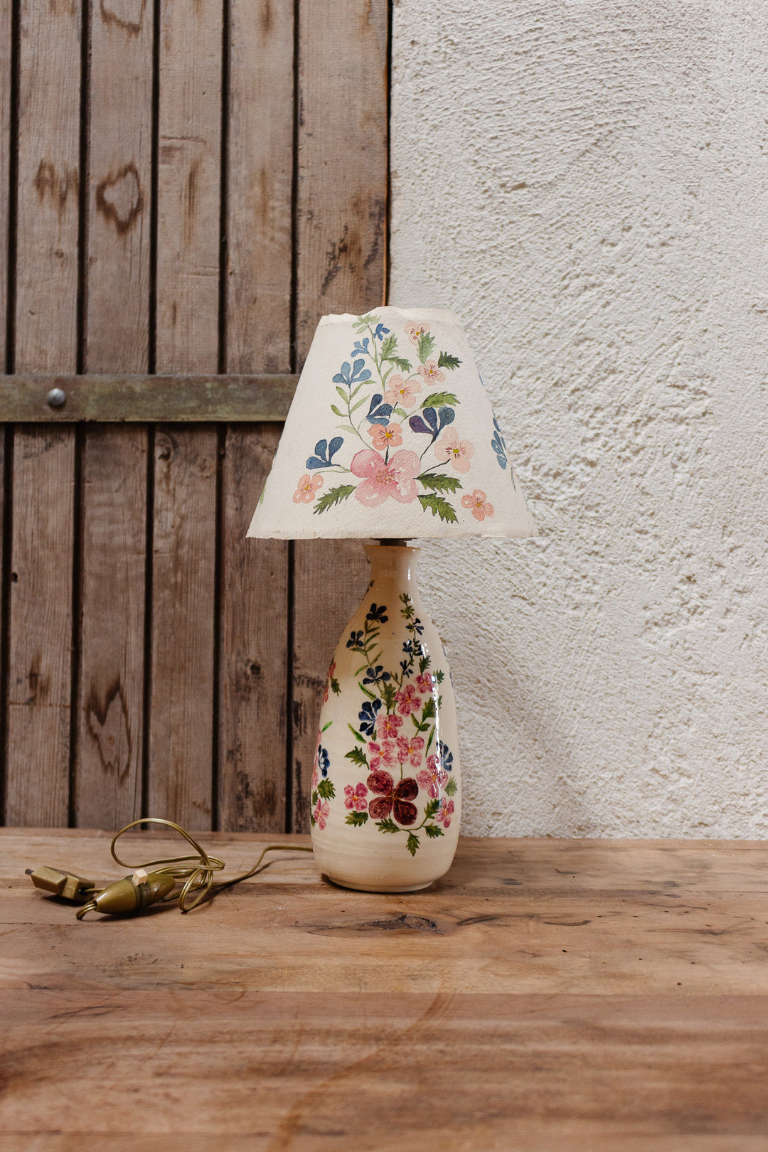 vintage french artisan hand painted lamp and shade