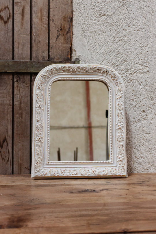 Extra small antique french louis philippe mirror, white