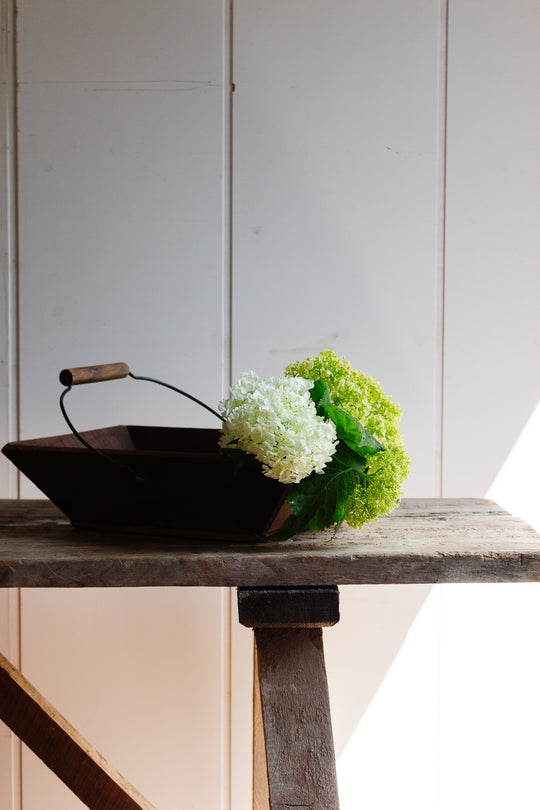 vintage french wooden trug with metal handle