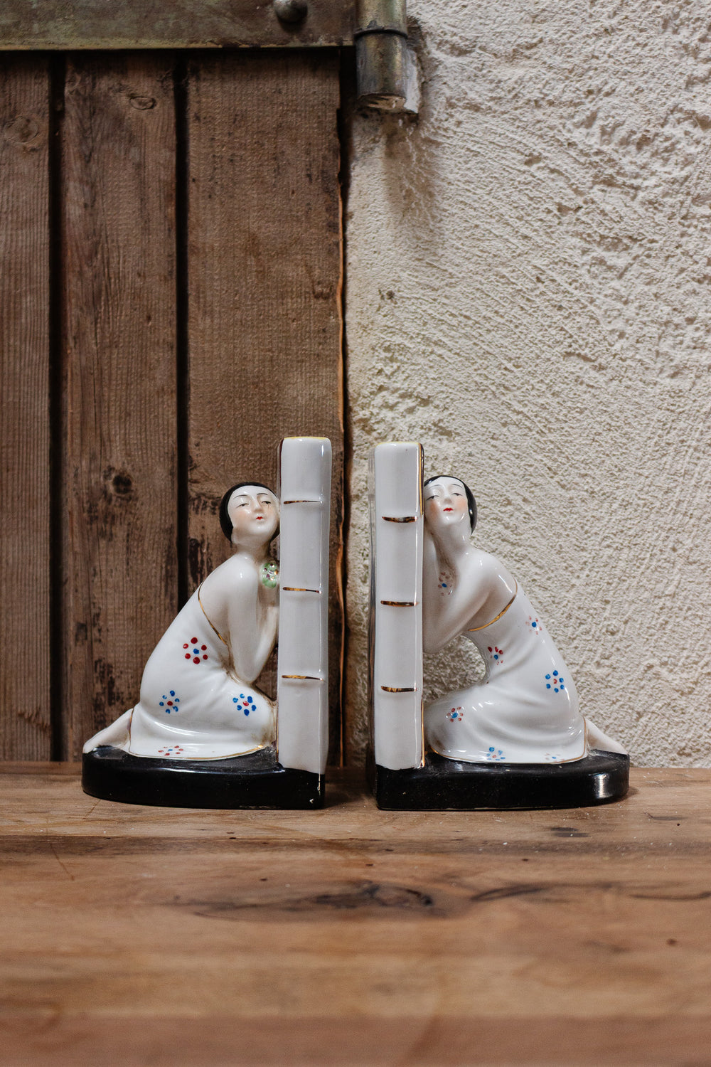 art deco belgian hand painted bookends by émaux de louvière