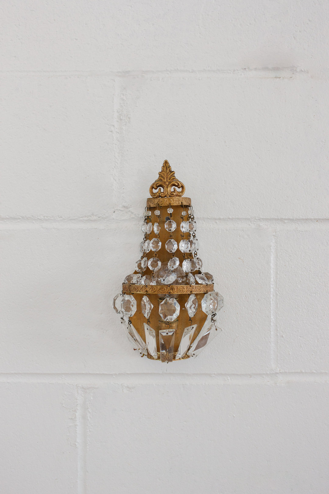 pair of midcentury French empire brass & crystal wall sconces