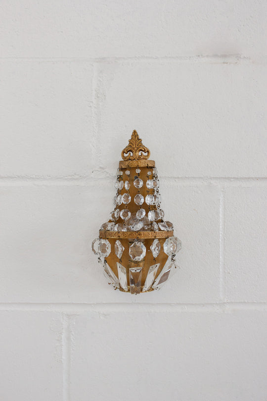 pair of midcentury French empire brass & crystal wall sconces