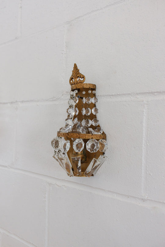 pair of midcentury French empire brass & crystal wall sconces