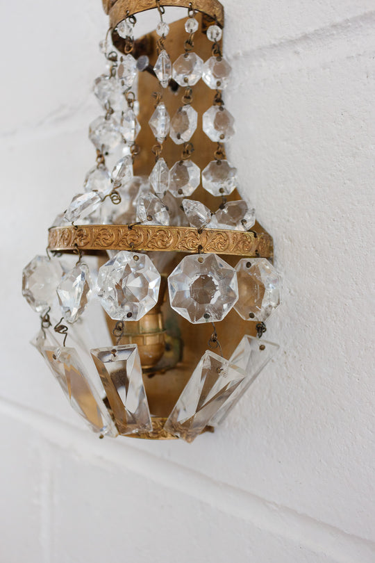pair of midcentury French empire brass & crystal wall sconces