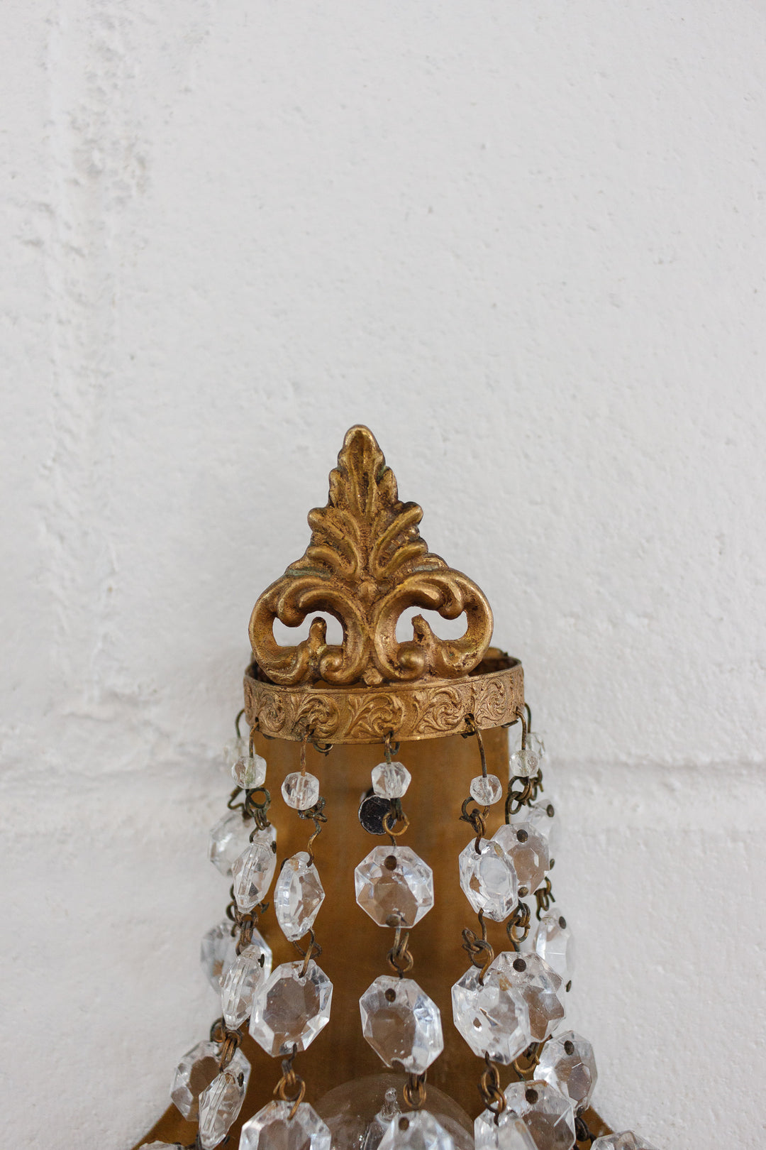 pair of midcentury French empire brass & crystal wall sconces