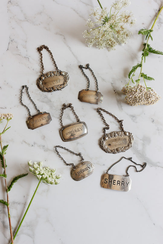 vintage English liquor decanter tags