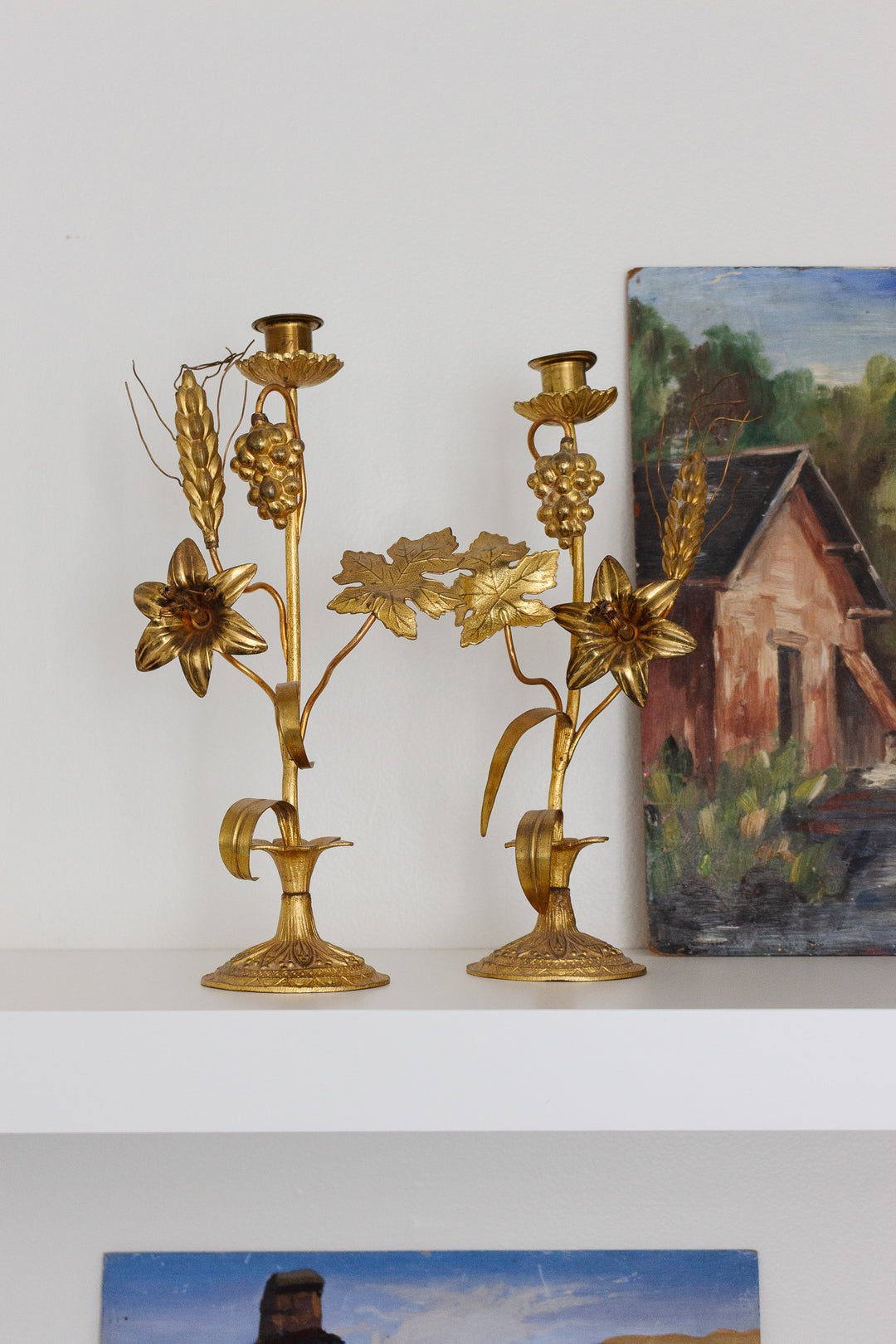 pair of vintage italian gilt tole floral candlesticks