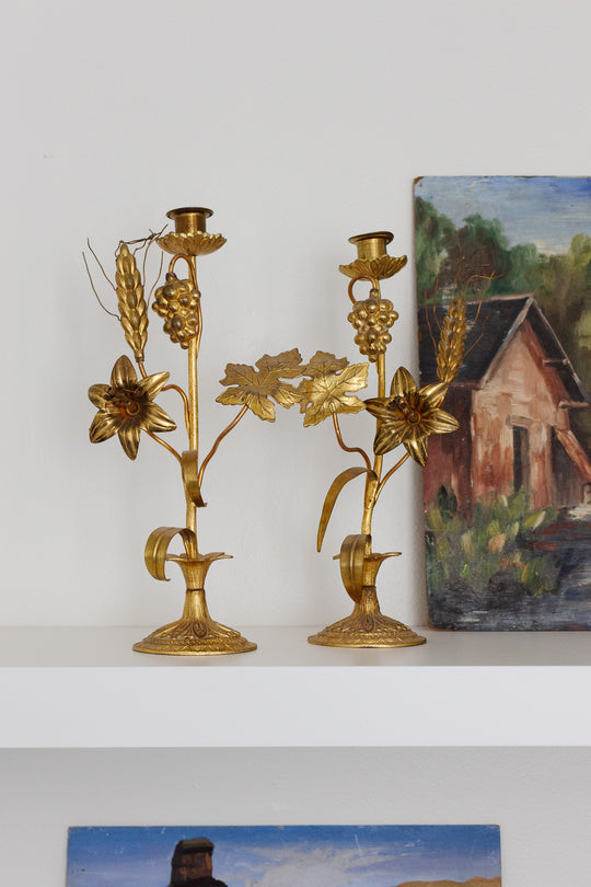 pair of vintage italian gilt tole floral candlesticks
