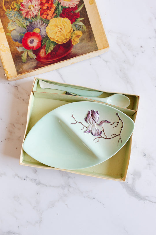 midcentury carltonware handpainted divided oval dish with matching spoon and knife