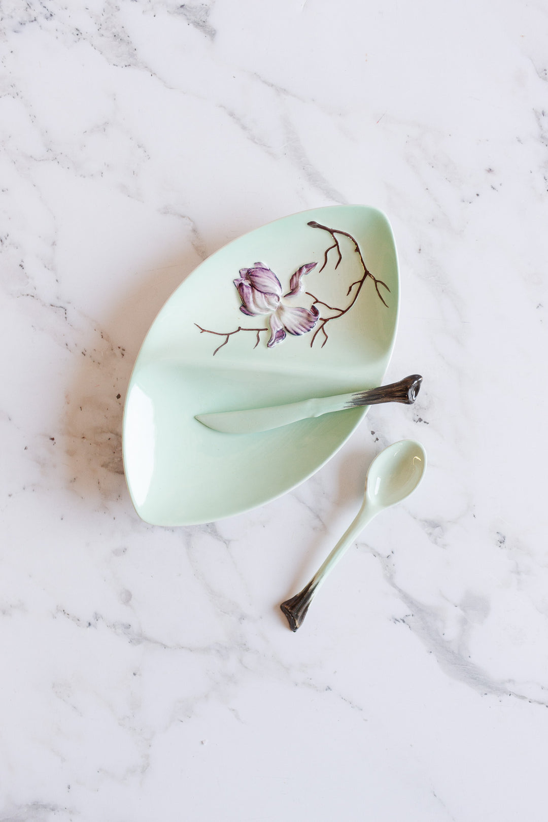 midcentury carltonware handpainted divided oval dish with matching spoon and knife